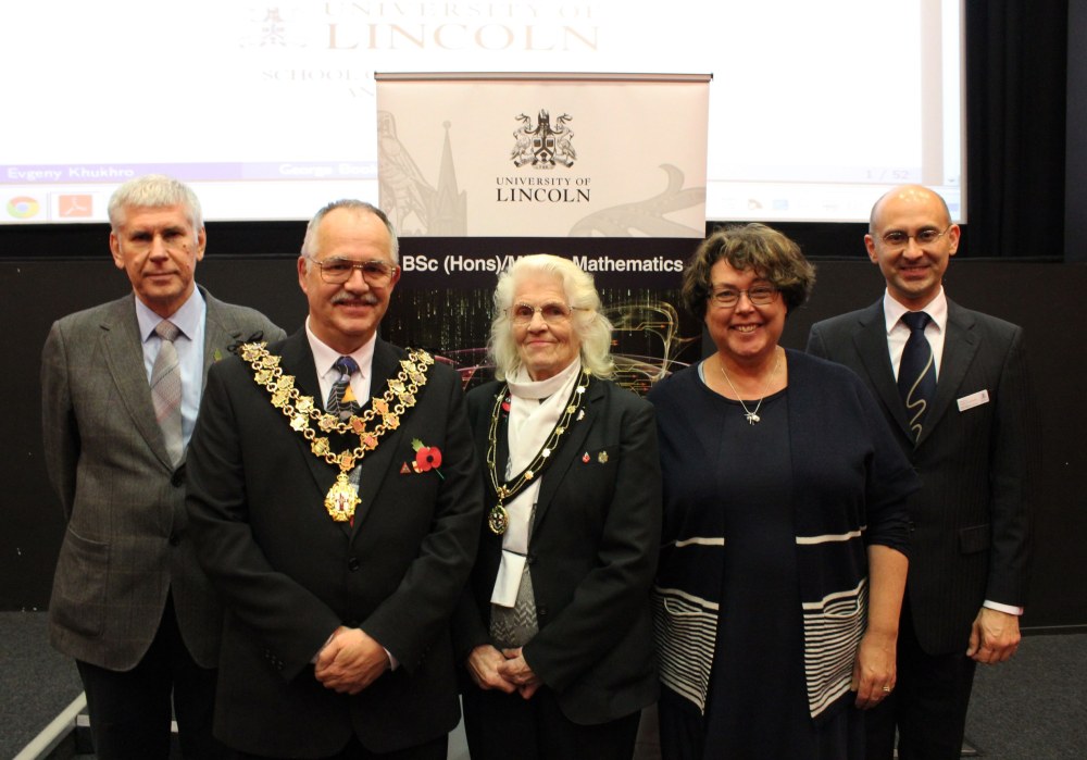 L-R: Dr Evgeny Khukhro, City Sheriff of Lincoln Mr Graham Kent and Sheriff’s Lady Mrs Gillian Kent, Deputy Vice Chancellor Prof Susan Rigby and Head of School of Maths and Physics Professor Andrei Zvelindovsky